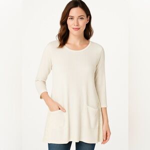 LOGO by Lori Goldstein Cream Tunic Top with Lace Side Panels, Size L